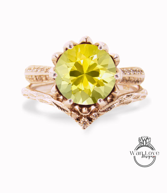Lotus | 14K Gold Yellow Sapphire & Diamond Lotus Ring Set | Yellow Sapphire Flower Ring | Lotus Flower Ring Set | Curved Leaf Wedding Band | Bridal Gift