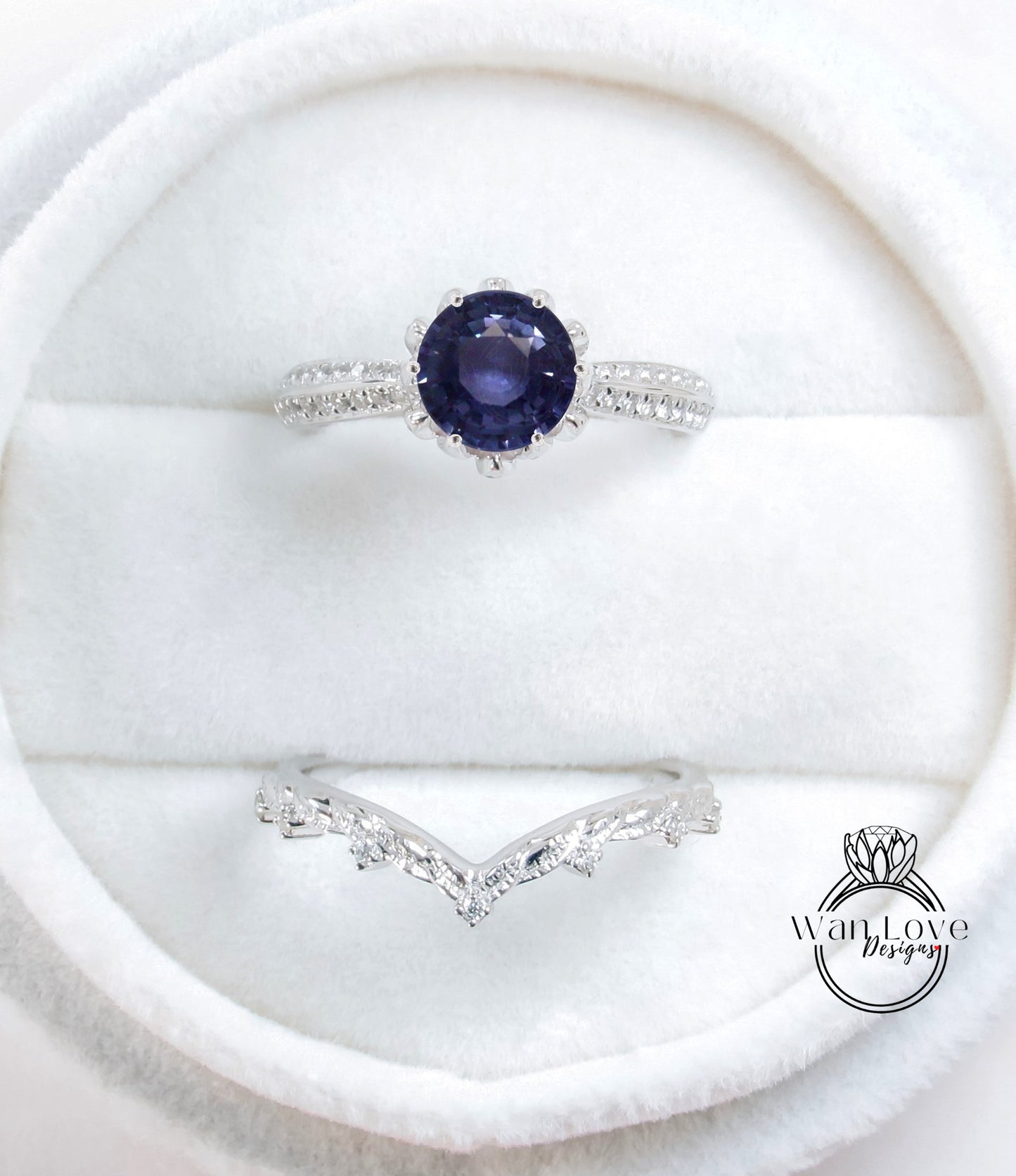 1.65ct Blue Sapphire diamond Lotus ring set - engagement ring wedding band- leaves bridal ring- diamond wedding ring- flower engagement ring