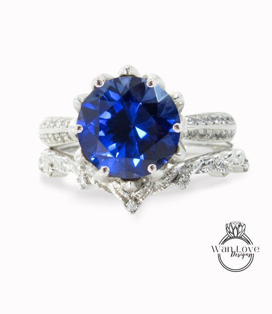 Lotus Blue Sapphire & diamond ring set, engagement ring and wedding band, leaves bridal ring, diamond wedding ring, flower engagement ring