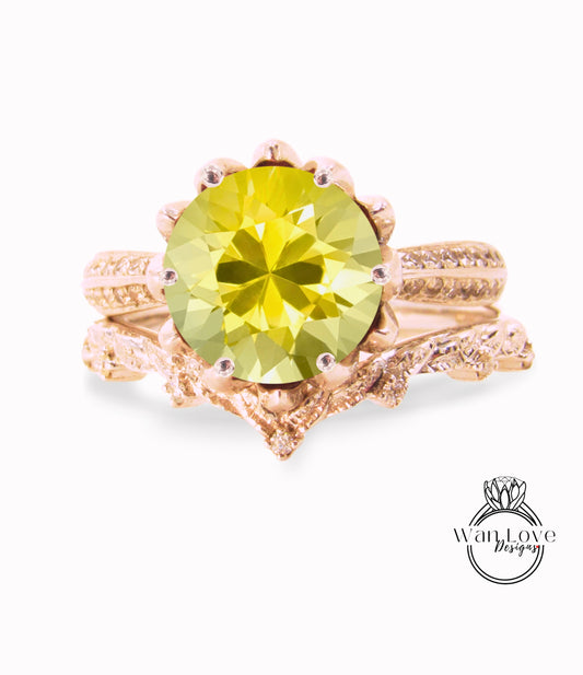 Lotus Yellow Sapphire & diamond ring set, engagement ring and wedding band, leaves bridal ring, diamond wedding ring, flower engagement ring