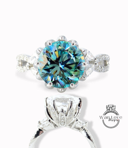 Anello vintage con fiore di loto con diamante blu Moissanite Anello di fidanzamento con gambo diviso con foglia di marchesa Anello di fidanzamento con fiore antico anello rotondo Anello di promessa di matrimonio