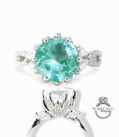 Anello di fidanzamento con fiore di loto con spinello e diamante del Mar dei Caraibi, matrimonio personalizzato rotondo con gambo diviso marquise