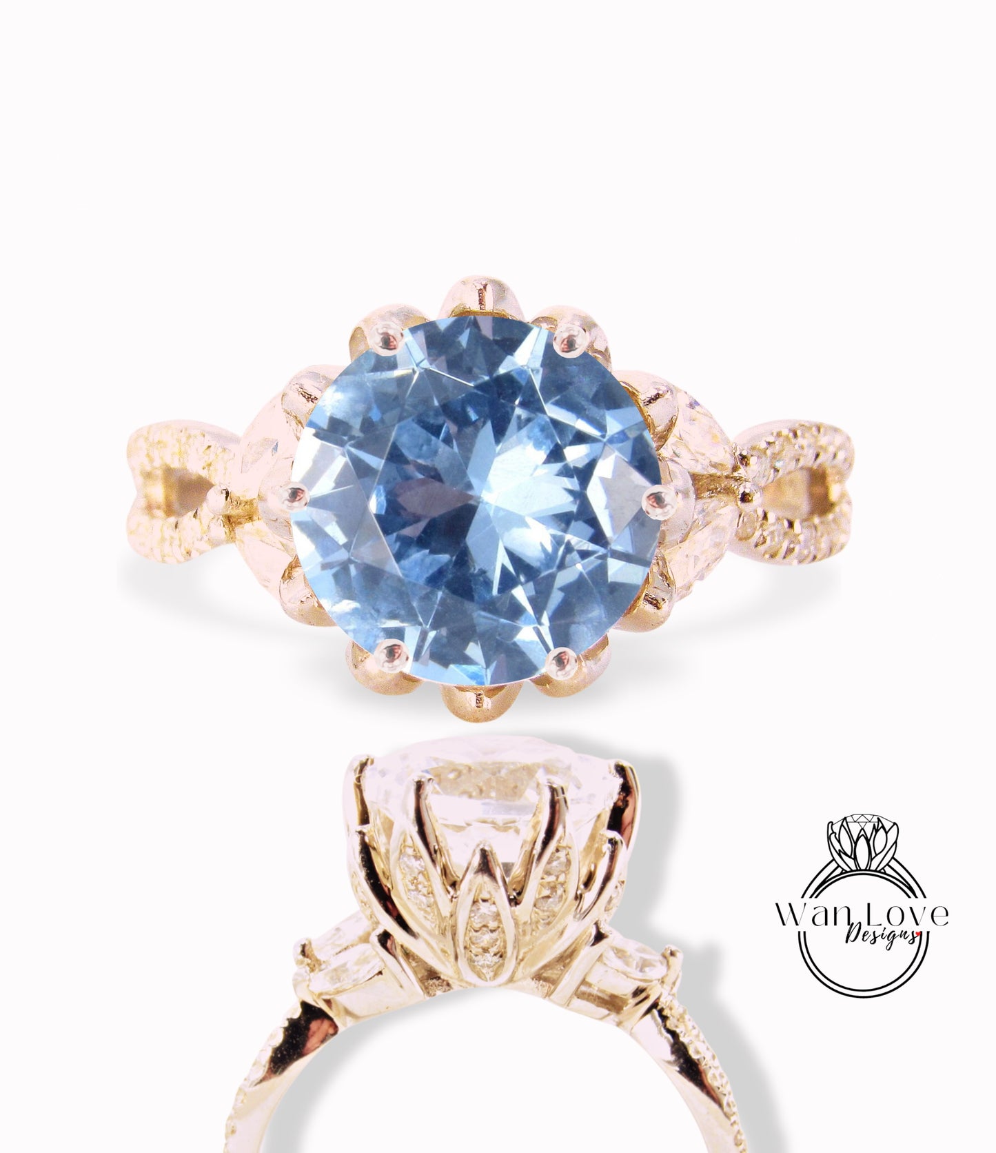 Anello di fidanzamento con fiore di loto con spinello blu acquamarina e diamante Marquise rotondo 14k 18k bianco giallo oro rosa-platino-personalizzato