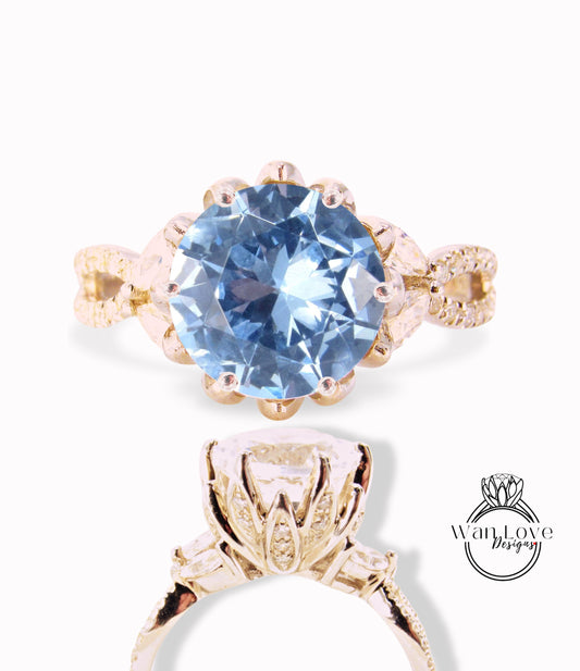 Anello di fidanzamento con fiore di loto con spinello blu acquamarina e diamante Marquise rotondo 14k 18k bianco giallo oro rosa-platino-personalizzato