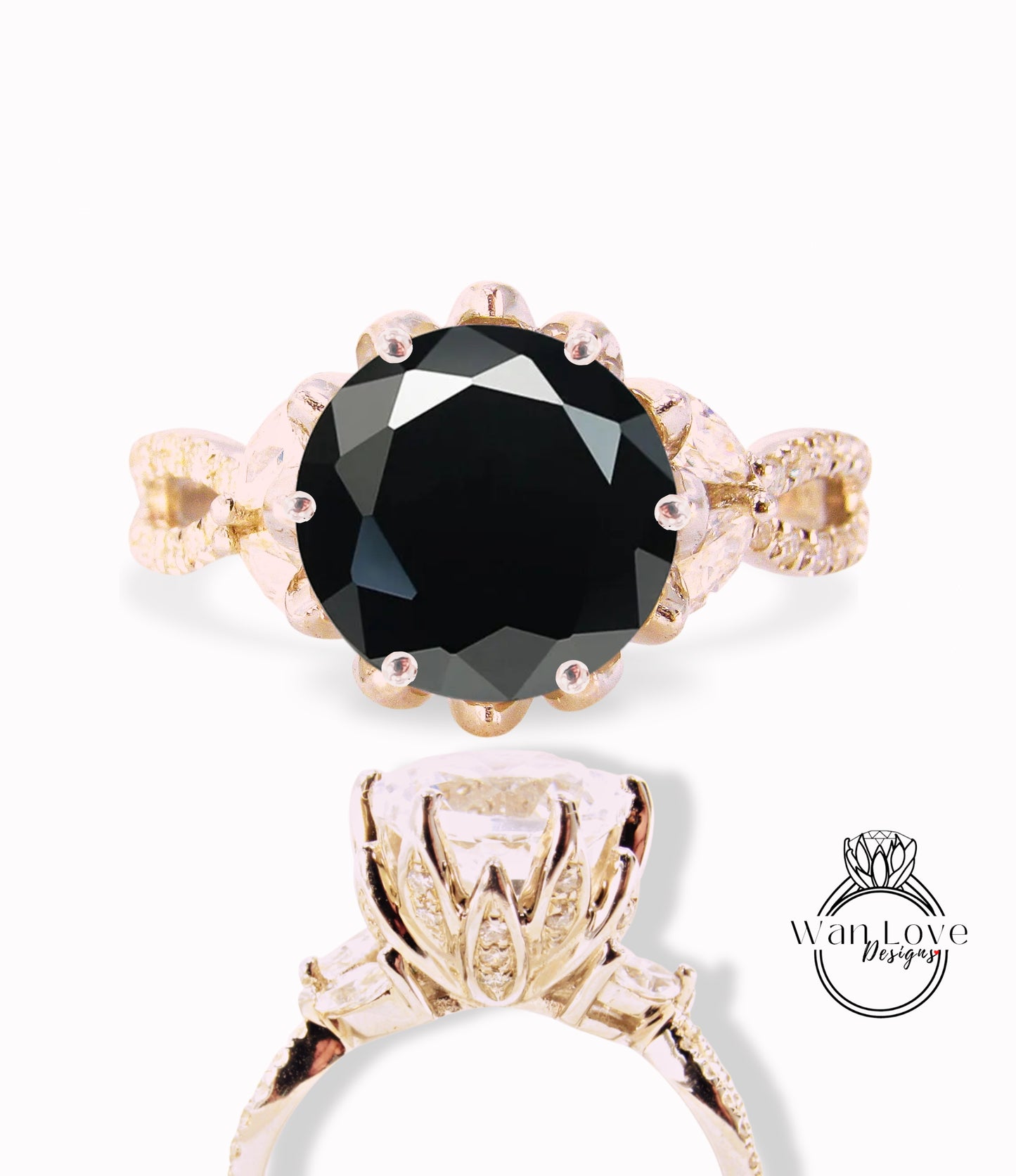 Anello di fidanzamento con fiore di loto con spinello nero e diamante Marchesa con gambo diviso foglia 14k 18k bianco giallo oro rosa-platino-matrimonio personalizzato