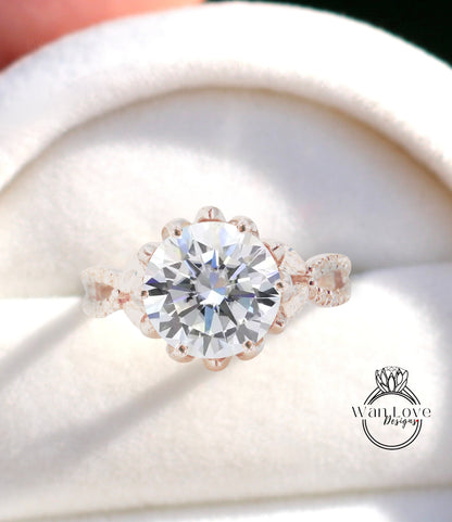 Anello vintage con fiore di loto con diamanti Moissanite Anello di fidanzamento con gambo diviso con foglie di marchesa Anello con fiore antico anello rotondo da sposa con promessa nuziale