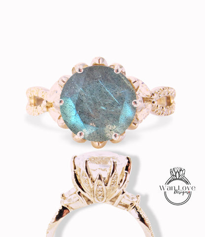 Labradorite e diamante Anello di fidanzamento con fiore di loto Marchesa con gambo diviso Foglia 14k 18k Bianco Giallo Oro rosa-Platino-Matrimonio personalizzato