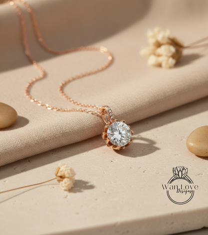 Diamond Lotus Flower Necklace • Unique Flower Charm Birthstone Necklace • Moissanite Floral Gift • Wedding Jewelry • Special Gift For Her.