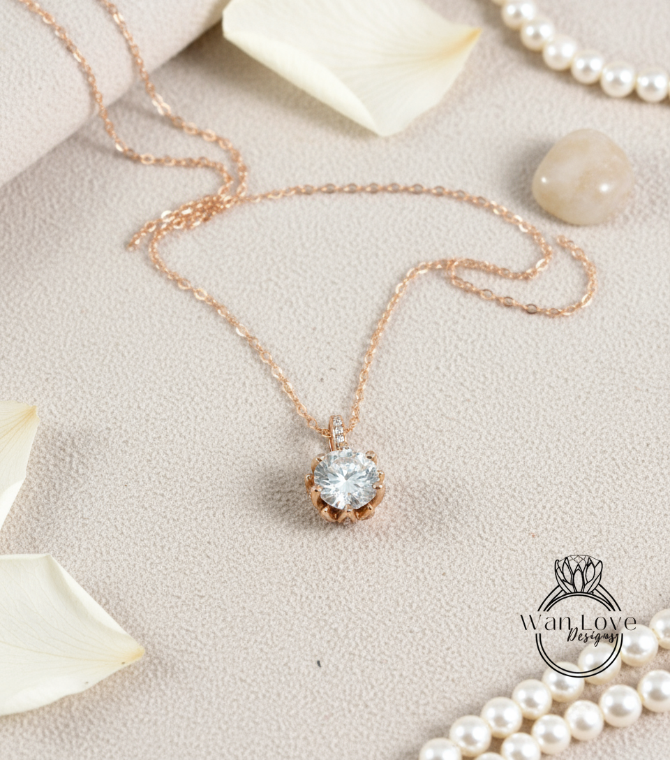 Diamond Lotus Flower Necklace • Unique Flower Charm Birthstone Necklace • Moissanite Floral Gift • Wedding Jewelry • Special Gift For Her.