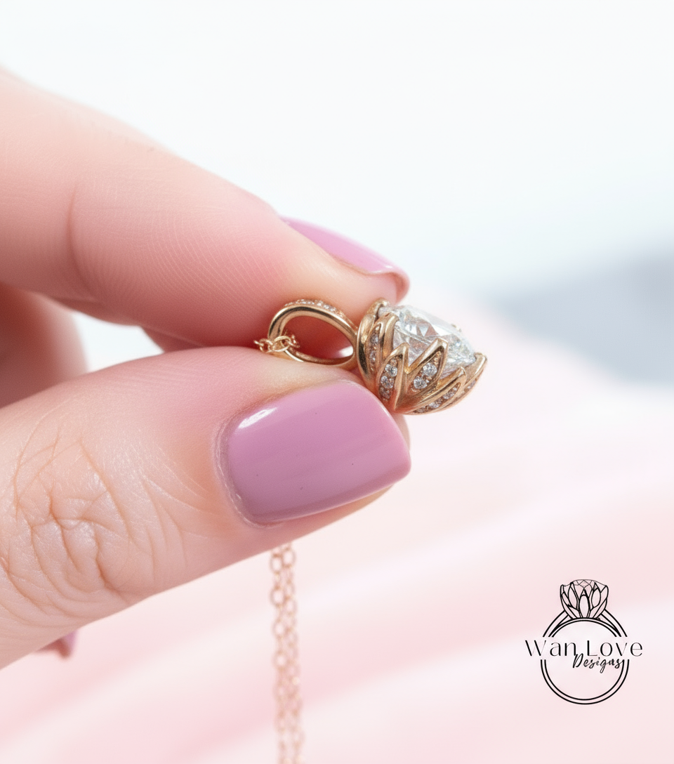 Diamond Lotus Flower Necklace • Unique Flower Charm Birthstone Necklace • Moissanite Floral Gift • Wedding Jewelry • Special Gift For Her.