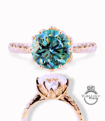 Anello di fidanzamento Moissanite blu a taglio rotondo Anello di fidanzamento vintage con fiore di loto Anello con foglia naturale per donna Anello nuziale unico Regalo di anniversario