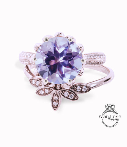 Round Lavender Amethyst engagement set vintage White gold Lotus Flower engagement ring woman Diamond wedding set Unique Bridal Anniversary