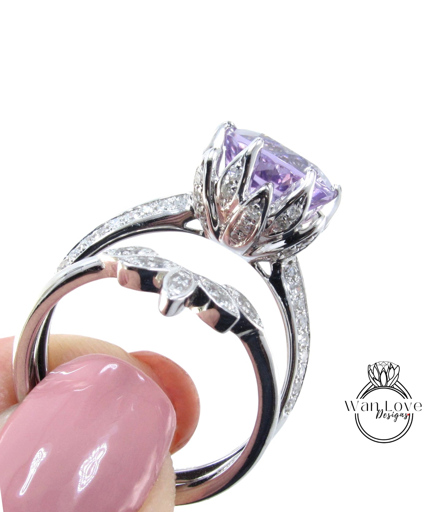 Round Lavender Amethyst engagement set vintage White gold Lotus Flower engagement ring woman Diamond wedding set Unique Bridal Anniversary