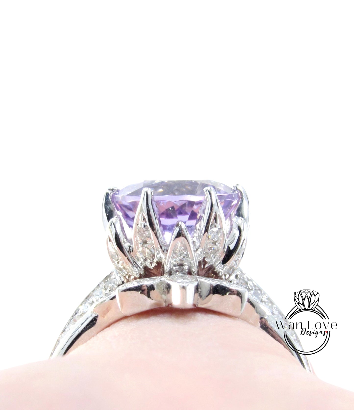 Round Lavender Amethyst engagement set vintage White gold Lotus Flower engagement ring woman Diamond wedding set Unique Bridal Anniversary