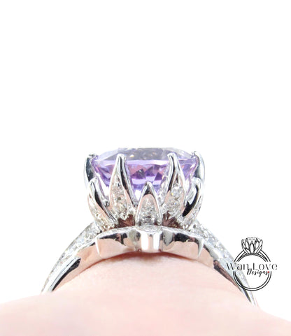 Round Lavender Amethyst engagement set vintage White gold Lotus Flower engagement ring woman Diamond wedding set Unique Bridal Anniversary