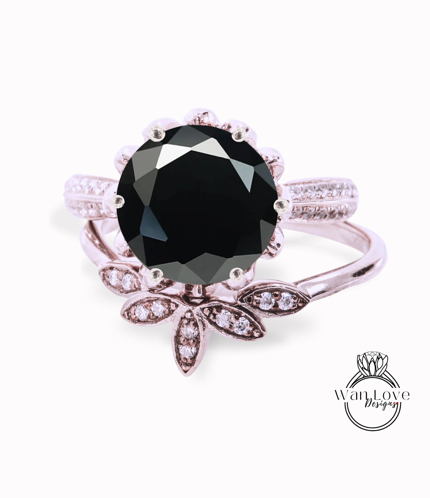 Set di fidanzamento rotondo con spinello nero vintage Anello di fidanzamento con fiore di loto in oro bianco per donna Set di nozze con diamanti Set unico per anniversario nuziale