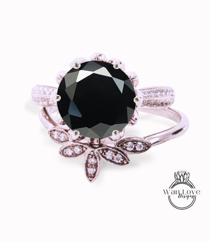 Set di fidanzamento rotondo con spinello nero vintage Anello di fidanzamento con fiore di loto in oro bianco per donna Set di nozze con diamanti Set unico per anniversario nuziale