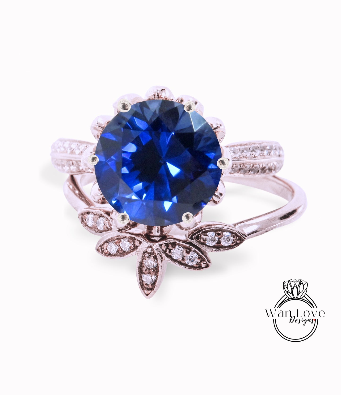 Round Blue Sapphire engagement set vintage Rose gold Lotus Flower engagement ring woman Diamond wedding set Unique Bridal Anniversary set