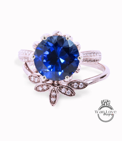 Round Blue Sapphire engagement set vintage Rose gold Lotus Flower engagement ring woman Diamond wedding set Unique Bridal Anniversary set