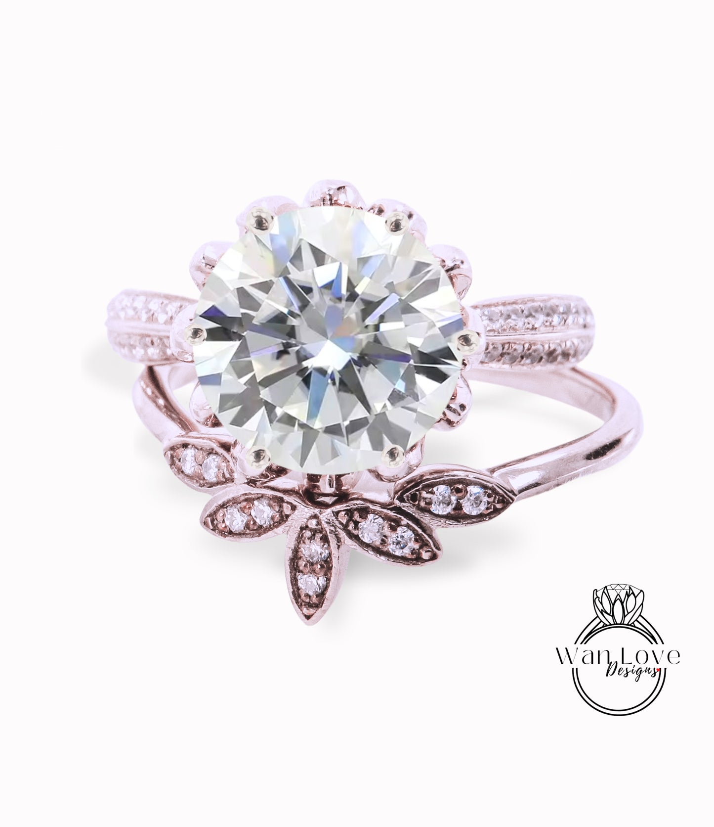 Round cut Moissanite engagement set vintage White gold Lotus Flower engagement ring woman Diamond wedding set Unique Bridal Anniversary set