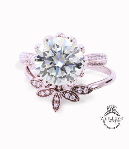 Round cut Moissanite engagement set vintage White gold Lotus Flower engagement ring woman Diamond wedding set Unique Bridal Anniversary set