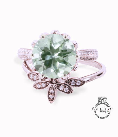 Set di fidanzamento rotondo con ametista verde vintage Anello di fidanzamento con fiore di loto in oro bianco per donna Set di nozze con diamanti Set unico per anniversario nuziale