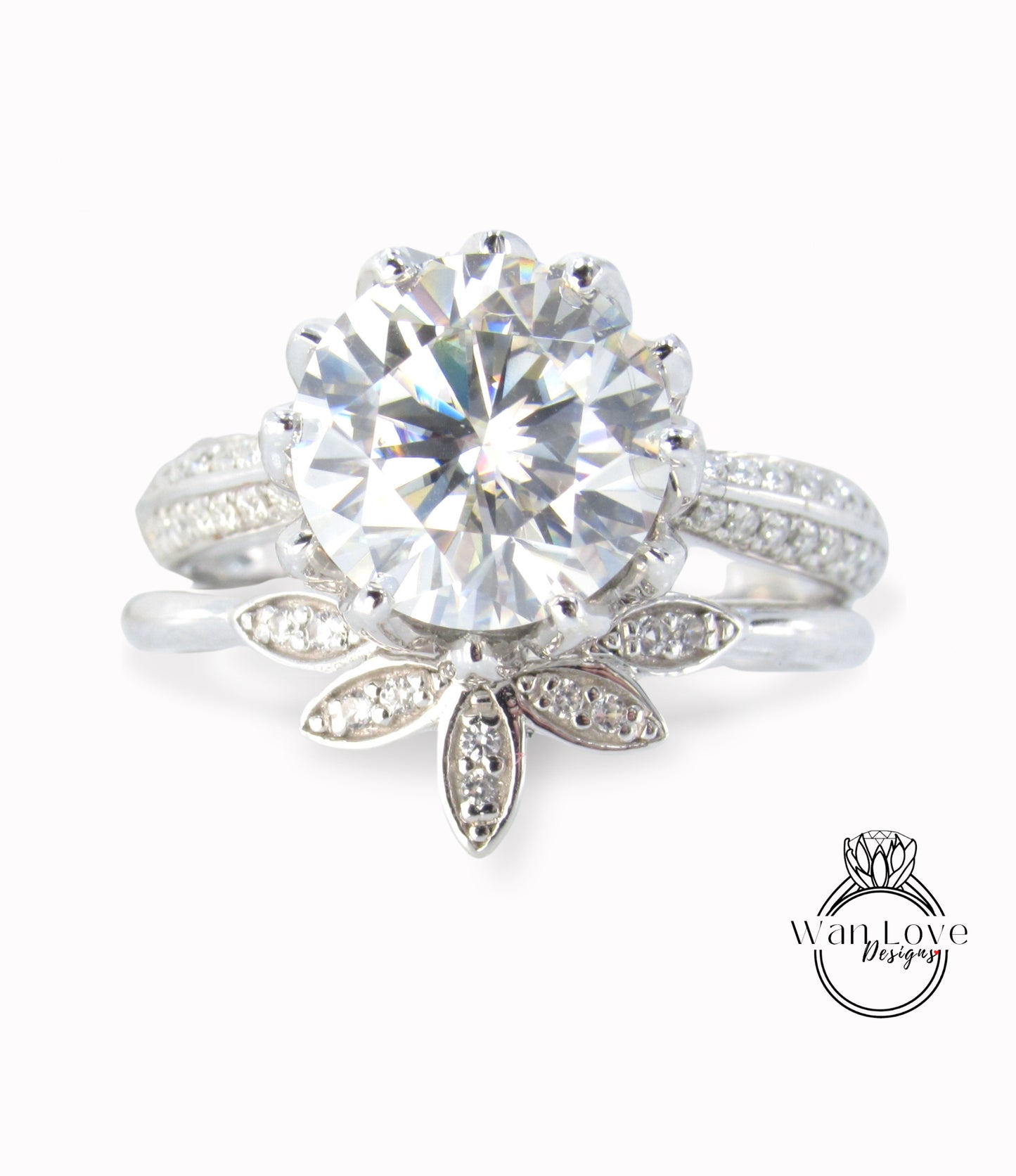 Moissanite Lotus Flower Engagement Ring Sunburst Nesting Leaf Curved Wedding Band 3ct 9mm White Gold Custom Anniversary Gift Ready to Ship