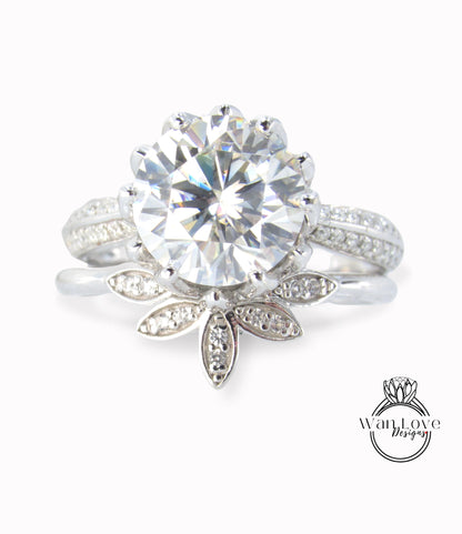 Moissanite Lotus Flower Engagement Ring Sunburst Nesting Leaf Curved Wedding Band 3ct 9mm White Gold Custom Anniversary Gift Ready to Ship