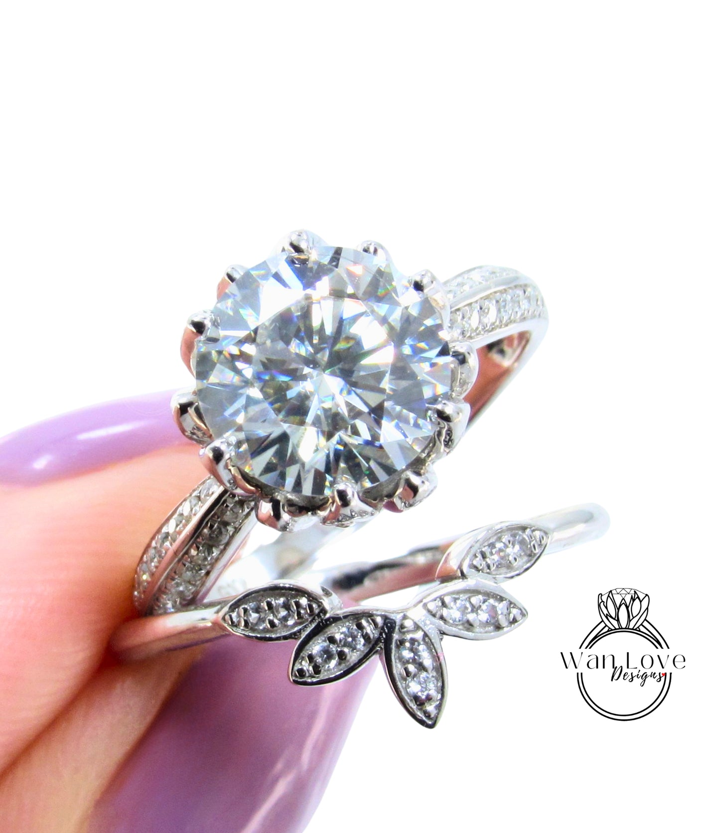 Moissanite Lotus Flower Engagement Ring Sunburst Nesting Leaf Curved Wedding Band 3ct 9mm White Gold Custom Anniversary Gift Ready to Ship