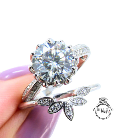 Moissanite Lotus Flower Engagement Ring Sunburst Nesting Leaf Curved Wedding Band 3ct 9mm White Gold Custom Anniversary Gift Ready to Ship