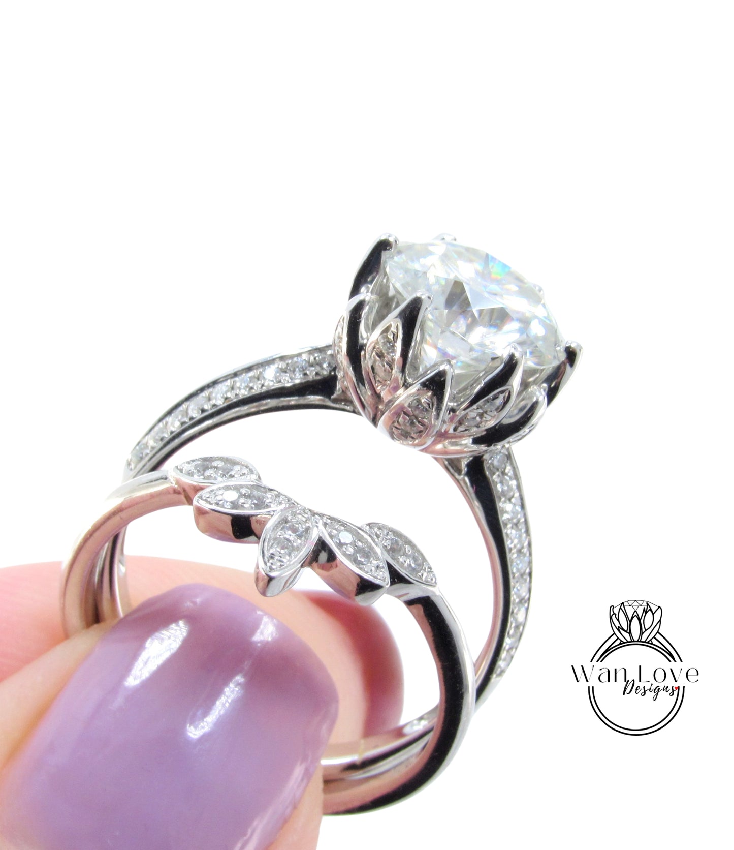 Moissanite Lotus Flower Engagement Ring Sunburst Nesting Leaf Curved Wedding Band 3ct 9mm White Gold Custom Anniversary Gift Ready to Ship