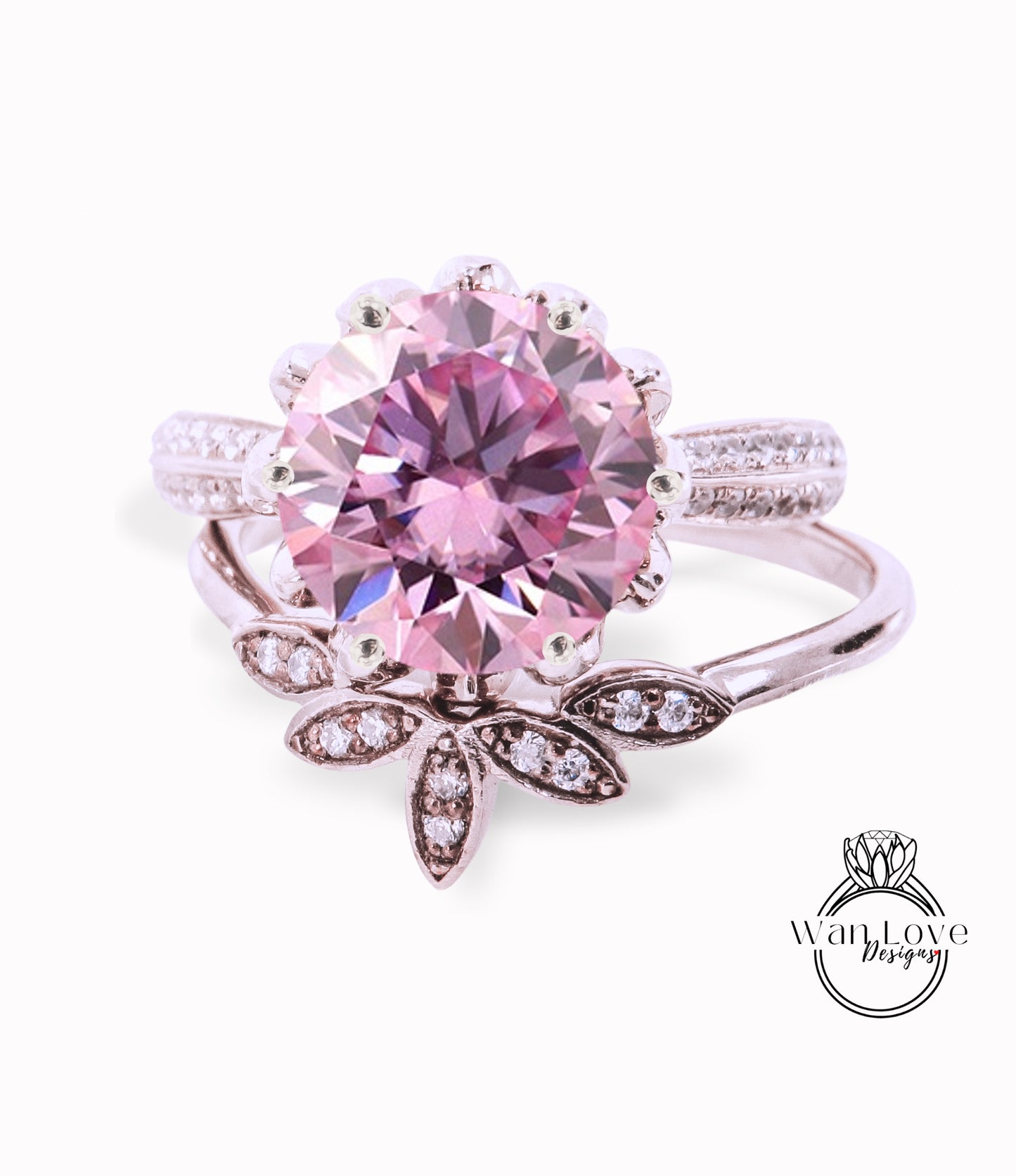 Round Pink Moissanite engagement set vintage Rose gold Lotus Flower engagement ring woman Diamond wedding set Unique Bridal Anniversary set