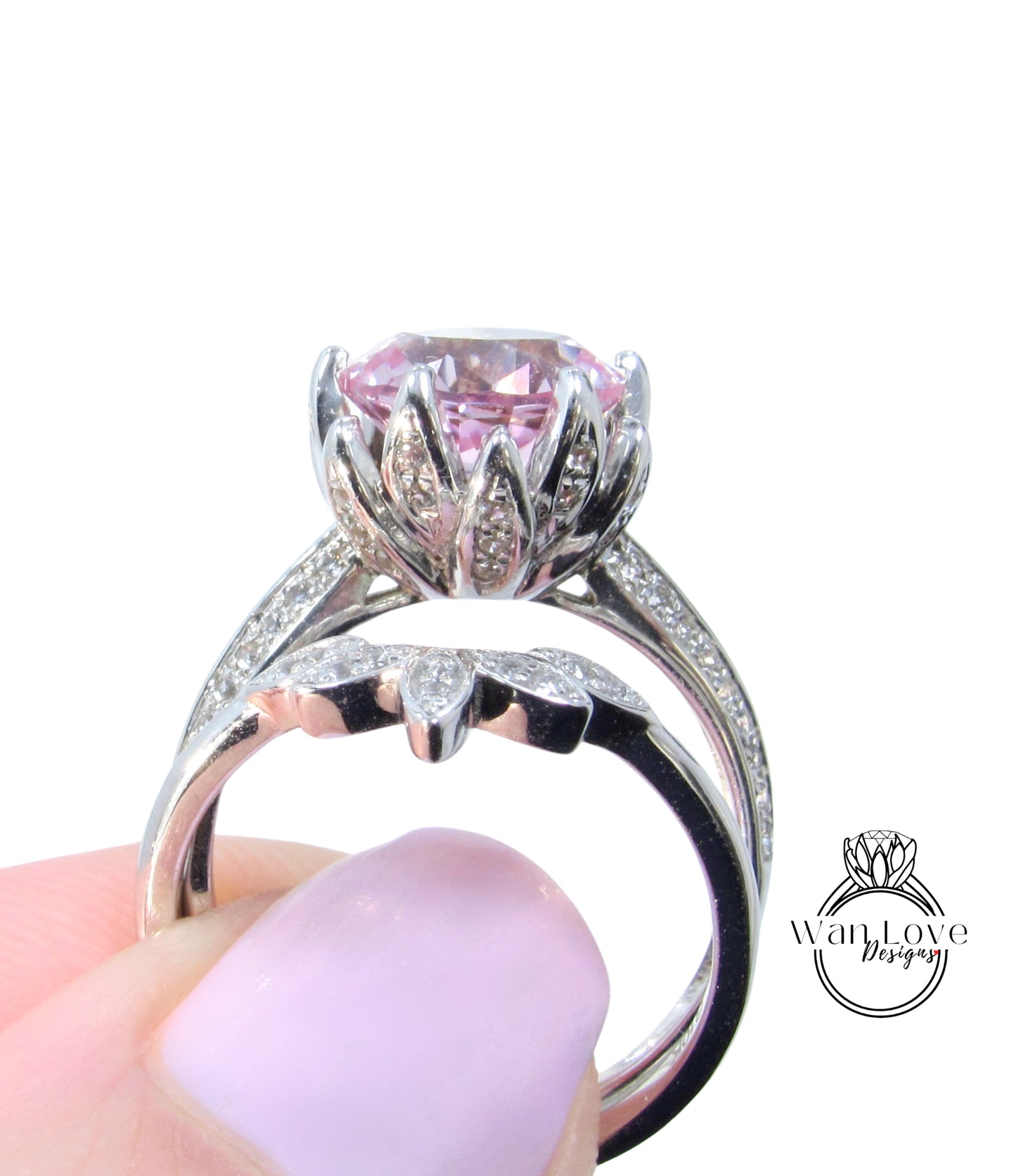 Round Pink Moissanite engagement set vintage Rose gold Lotus Flower engagement ring woman Diamond wedding set Unique Bridal Anniversary set