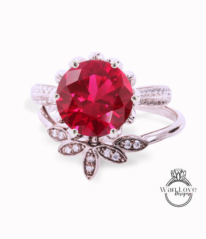 Round cut Ruby engagement set vintage Rose White gold Lotus Flower engagement ring woman Diamond wedding set Unique Bridal Anniversary set