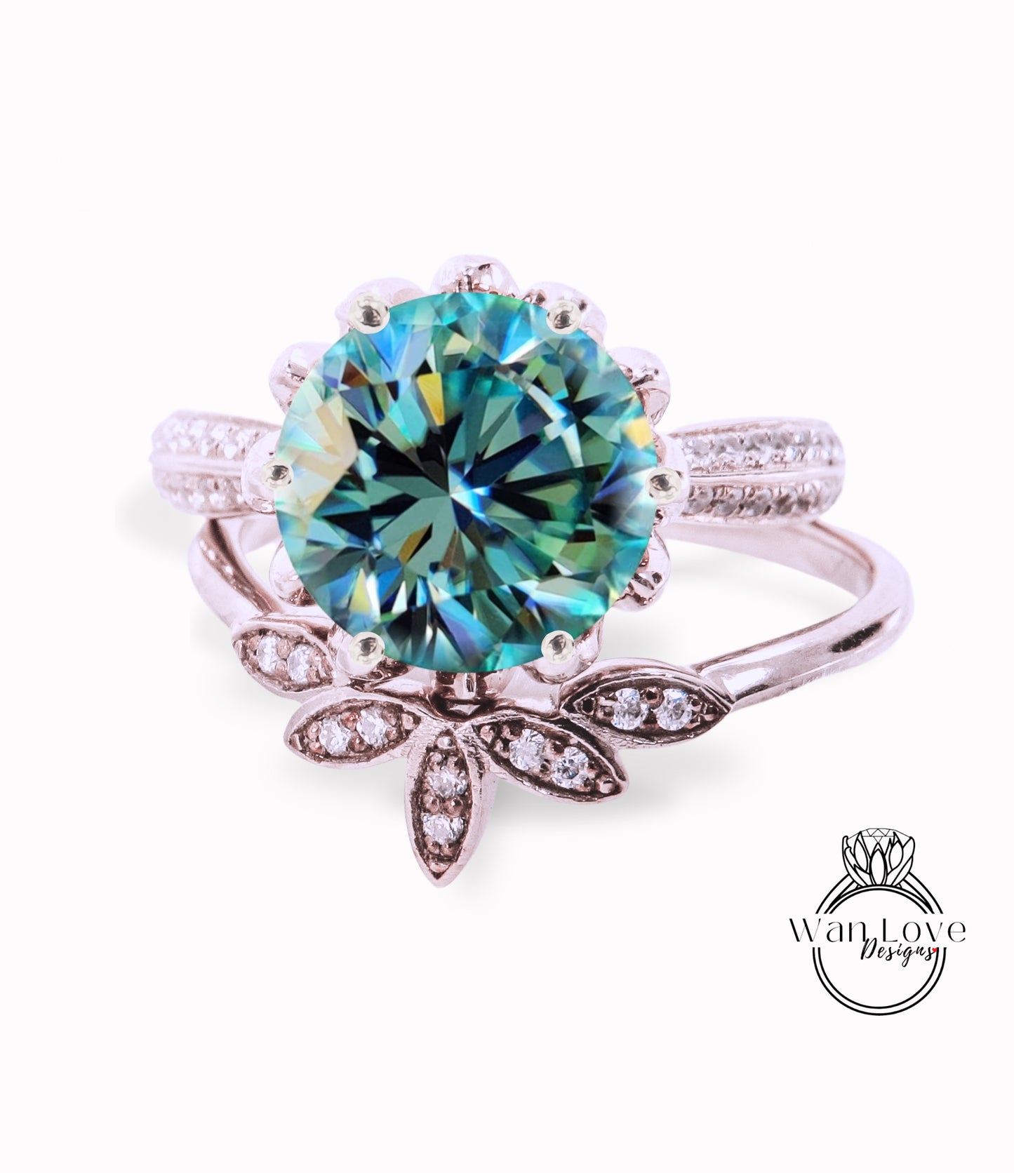 Set di fidanzamento rotondo in Moissanite blu vintage Anello di fidanzamento con fiore di loto in oro rosa per donna Set di nozze con diamanti Set unico per anniversario nuziale