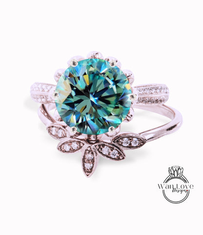 Set di fidanzamento rotondo in Moissanite blu vintage Anello di fidanzamento con fiore di loto in oro rosa per donna Set di nozze con diamanti Set unico per anniversario nuziale