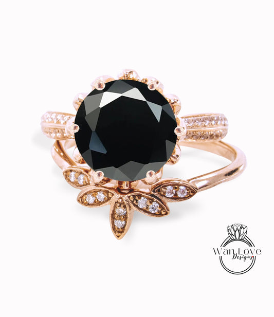 Round Black Spinel engagement set vintage White gold Lotus Flower engagement ring woman Diamond wedding set Unique Bridal Anniversary set