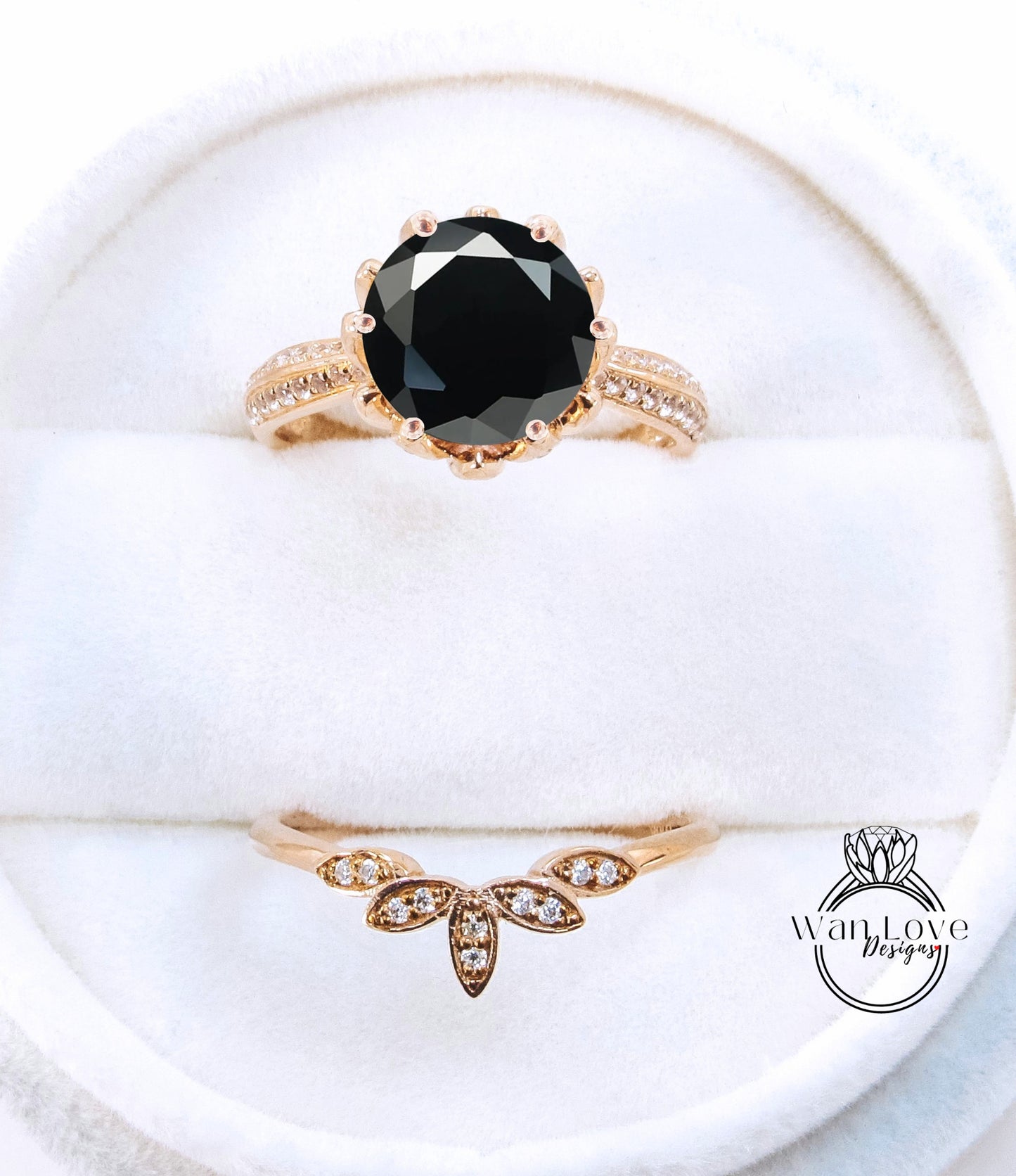 Set di fidanzamento rotondo con spinello nero vintage Anello di fidanzamento con fiore di loto in oro bianco per donna Set di nozze con diamanti Set unico per anniversario nuziale