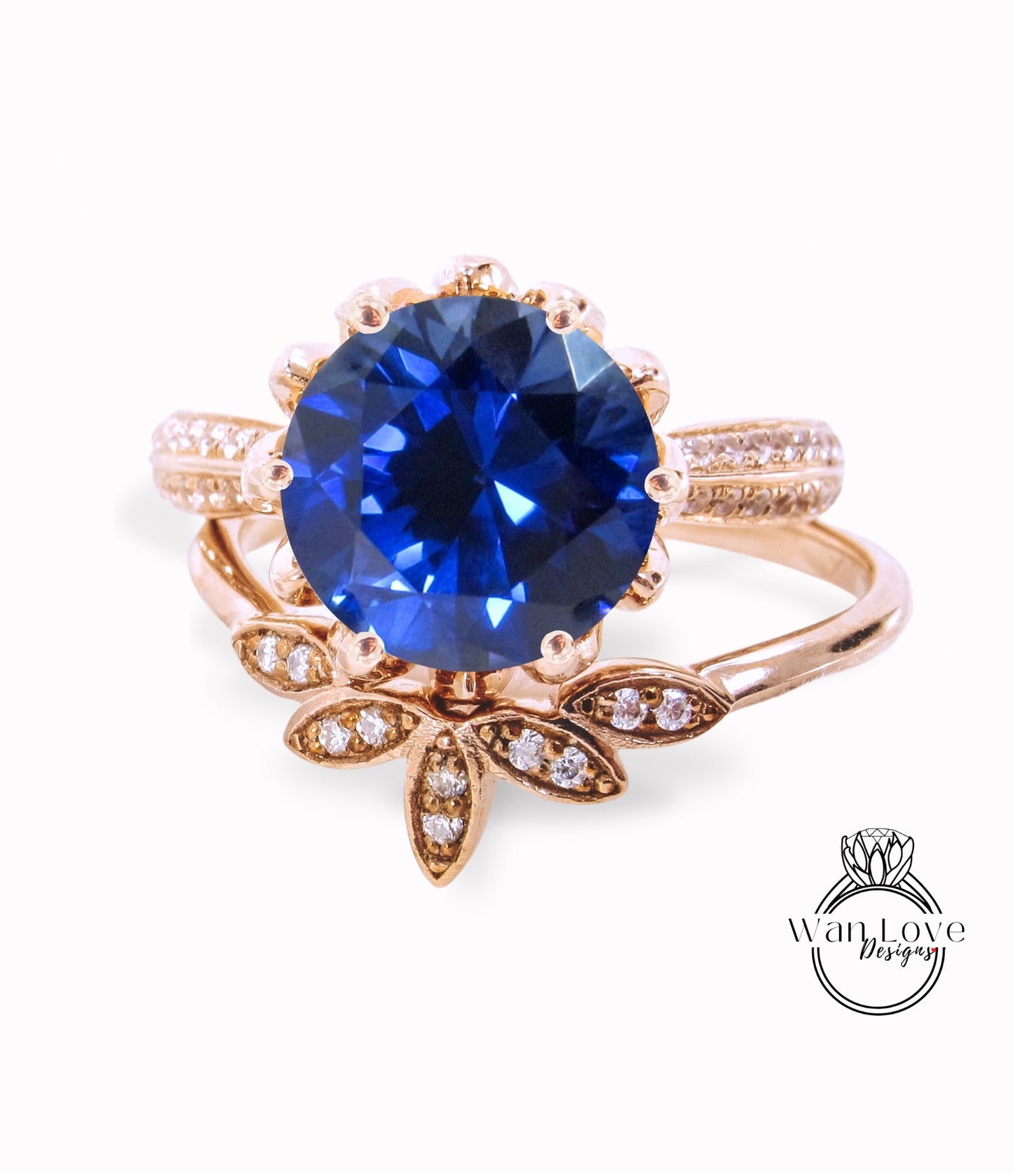 Round Blue Sapphire engagement set vintage Rose gold Lotus Flower engagement ring woman Diamond wedding set Unique Bridal Anniversary set