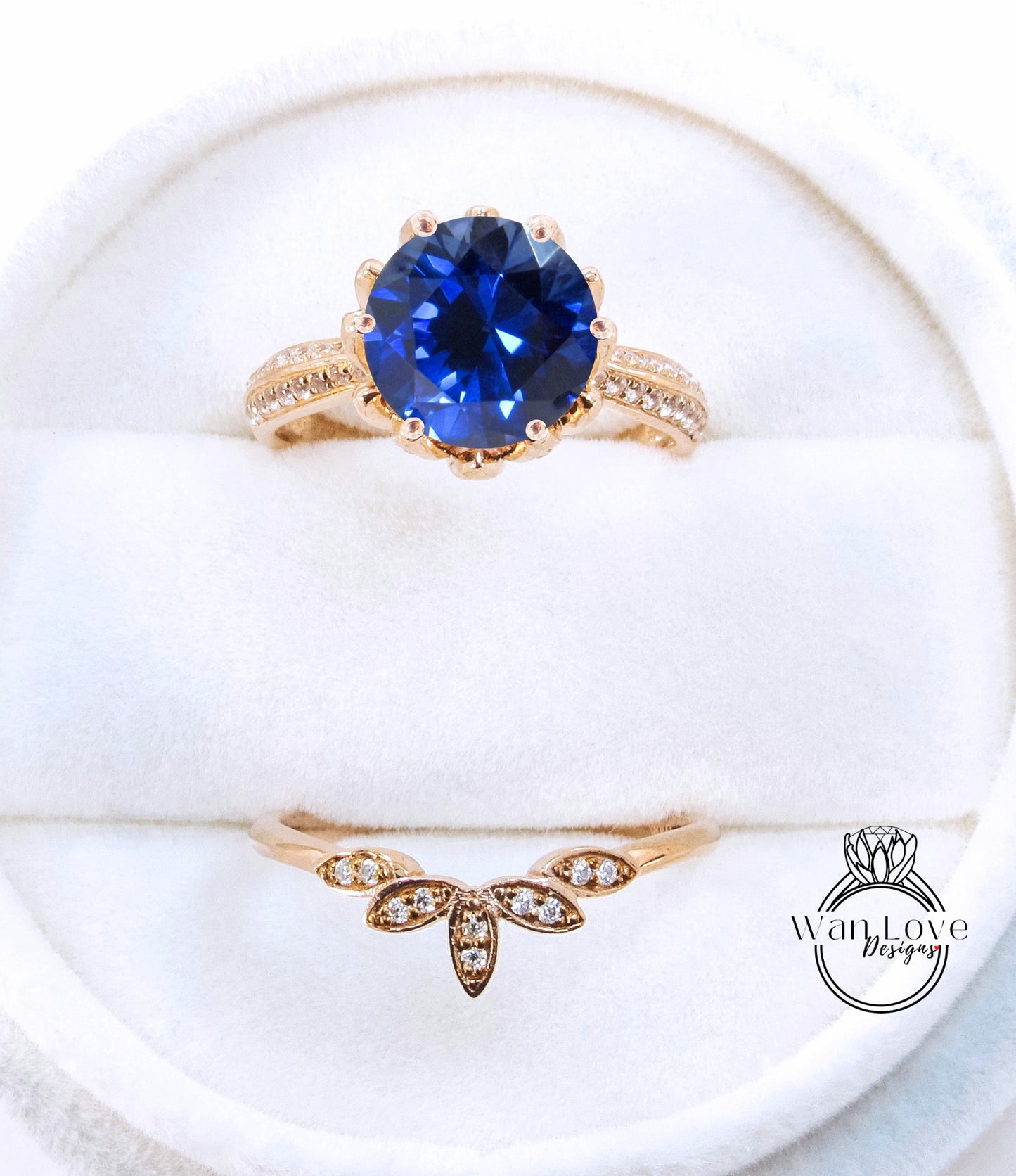 Round Blue Sapphire engagement set vintage Rose gold Lotus Flower engagement ring woman Diamond wedding set Unique Bridal Anniversary set