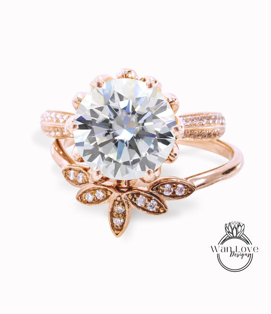 Round Diamond engagement ring set vintage Rose gold Lotus Flower engagement ring woman Certified Diamond bridal wedding set Unique Bridal Anniversary set