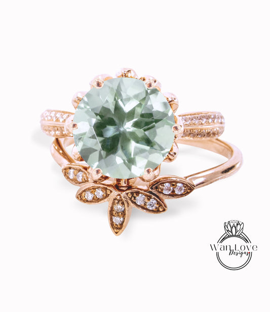 Round Green Amethyst engagement set vintage White gold Lotus Flower engagement ring woman Diamond wedding set Unique Bridal Anniversary set