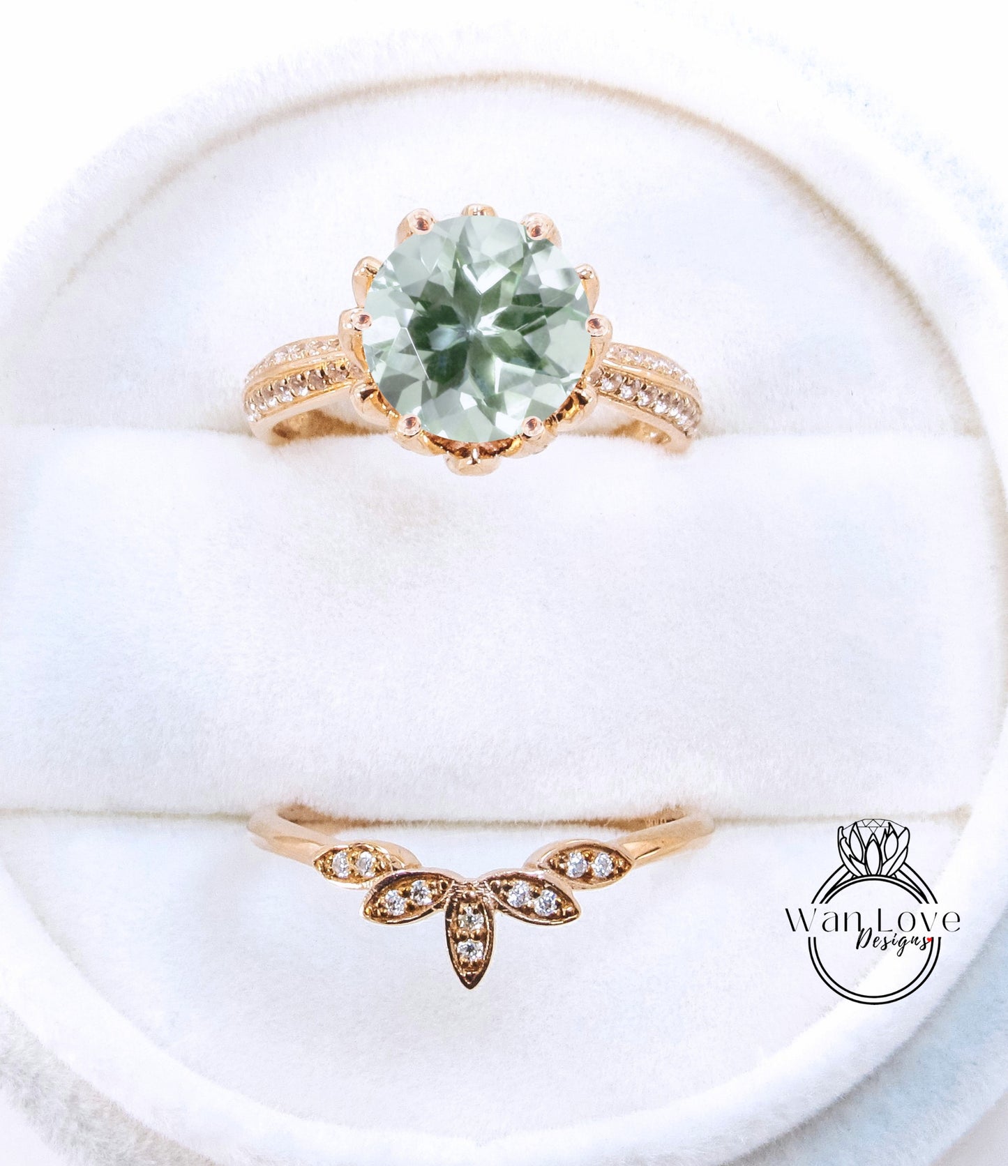 Set di fidanzamento rotondo con ametista verde vintage Anello di fidanzamento con fiore di loto in oro bianco per donna Set di nozze con diamanti Set unico per anniversario nuziale