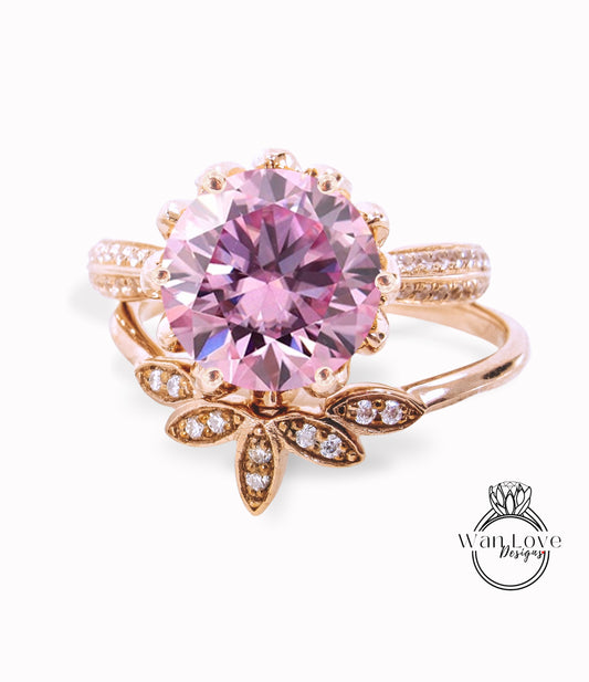 Round Pink Moissanite engagement set vintage Rose gold Lotus Flower engagement ring woman Diamond wedding set Unique Bridal Anniversary set