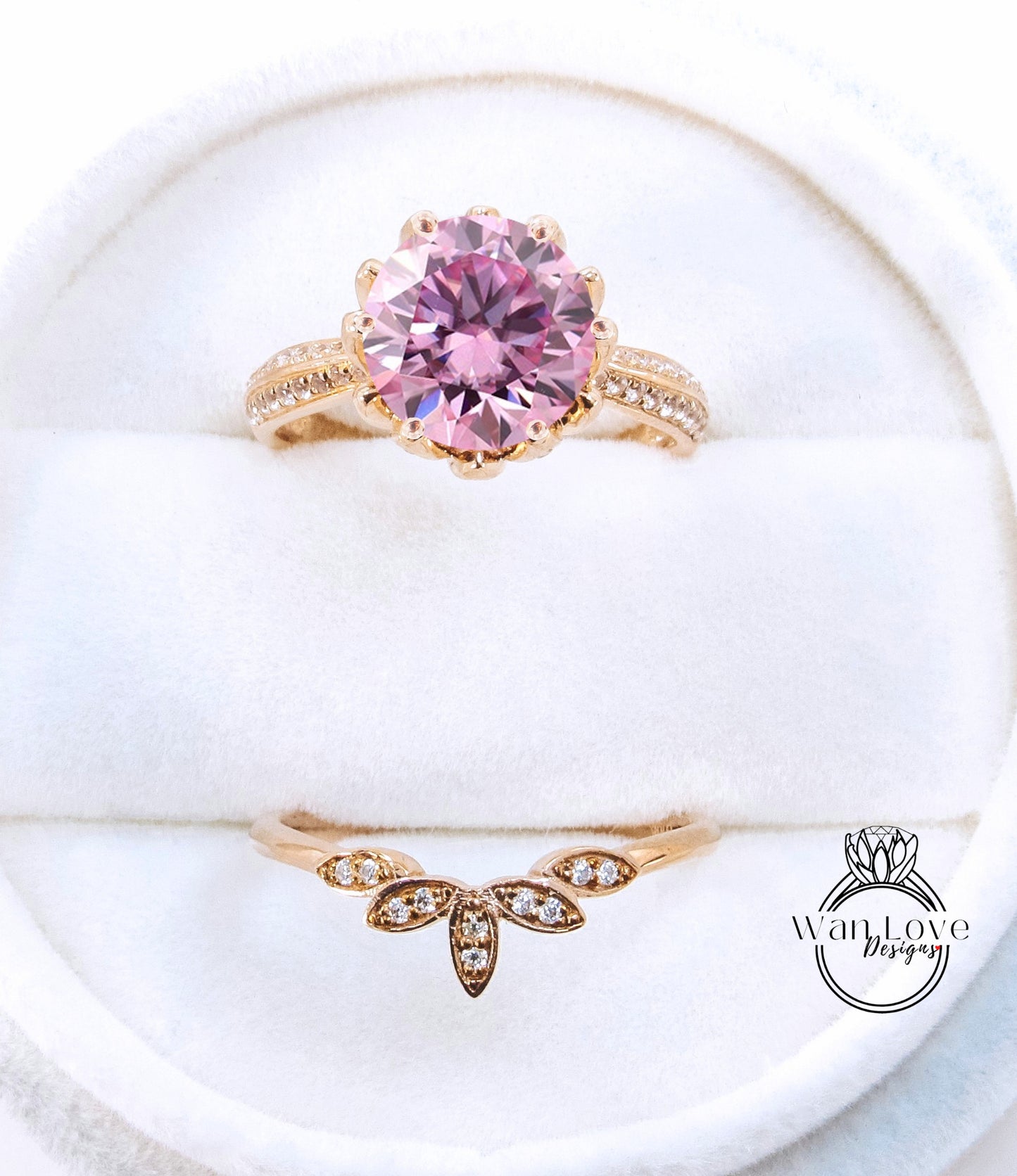 Round Pink Moissanite engagement set vintage Rose gold Lotus Flower engagement ring woman Diamond wedding set Unique Bridal Anniversary set