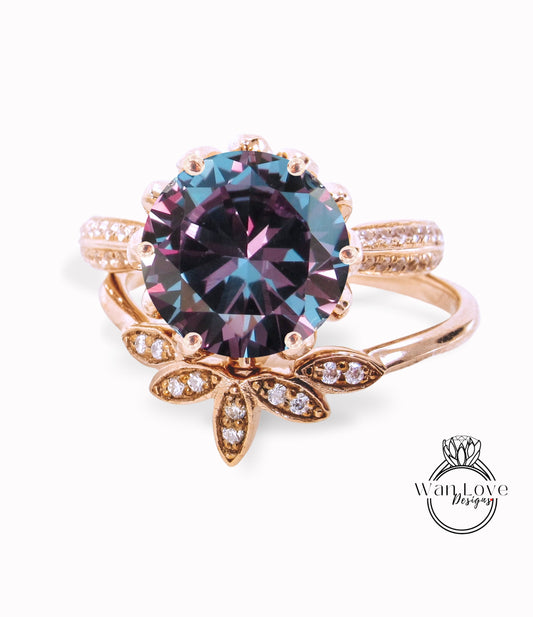 Round Purple Sapphire engagement set vintage Rose gold Lotus Flower engagement ring woman Diamond wedding set Unique Bridal Anniversary set