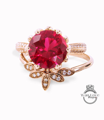 Round cut Ruby engagement set vintage Rose White gold Lotus Flower engagement ring woman Diamond wedding set Unique Bridal Anniversary set