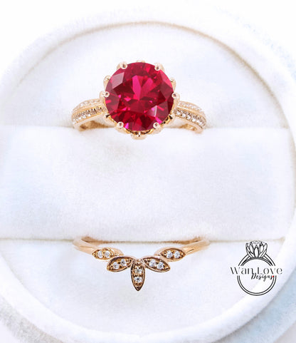 Round cut Ruby engagement set vintage Rose White gold Lotus Flower engagement ring woman Diamond wedding set Unique Bridal Anniversary set