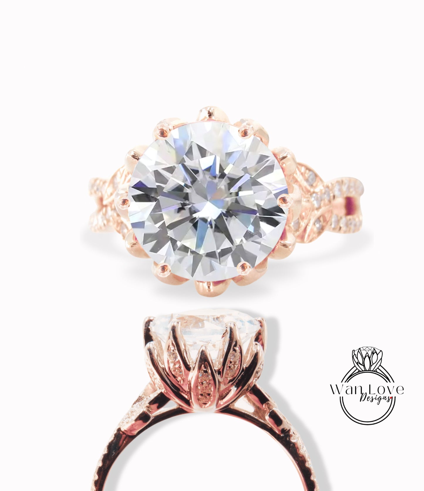 Anello di fidanzamento con foglia naturale con gambo diviso con fiore di loto con diamante Moissanite Anello con foglia naturale rotonda in oro rosa vintage Anello unico per l'anniversario nuziale