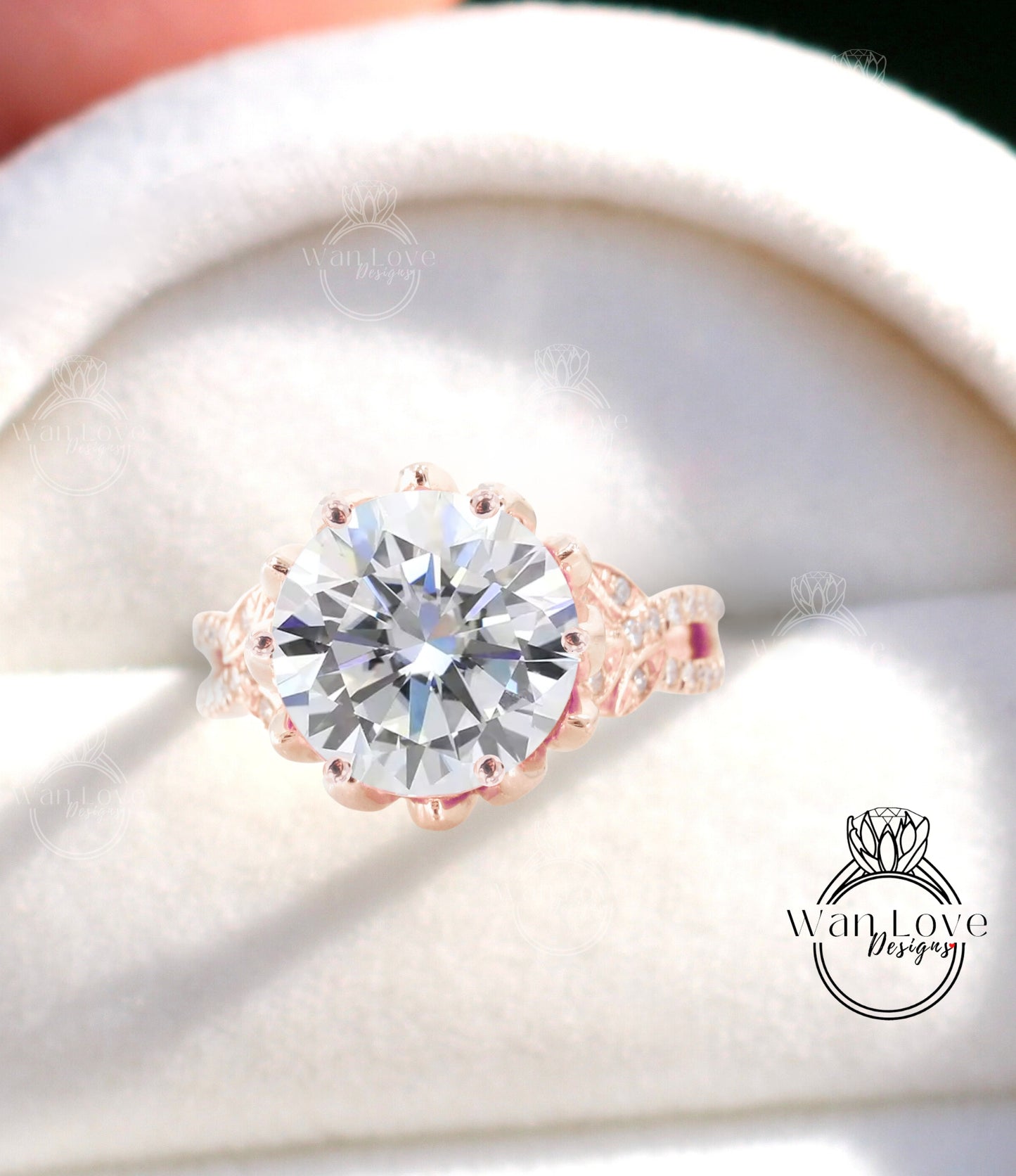 Anello di fidanzamento con foglia naturale con gambo diviso con fiore di loto con diamante Moissanite Anello con foglia naturale rotonda in oro rosa vintage Anello unico per l'anniversario nuziale